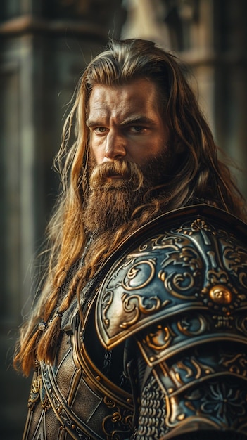 un gros plan d'un homme aux cheveux longs et à la barbe portant une armure