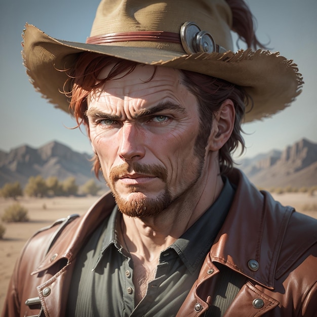 Un gros plan d'un homme aux cheveux roux portant un chapeau et une chemise noire film western Red Dead Redemption
