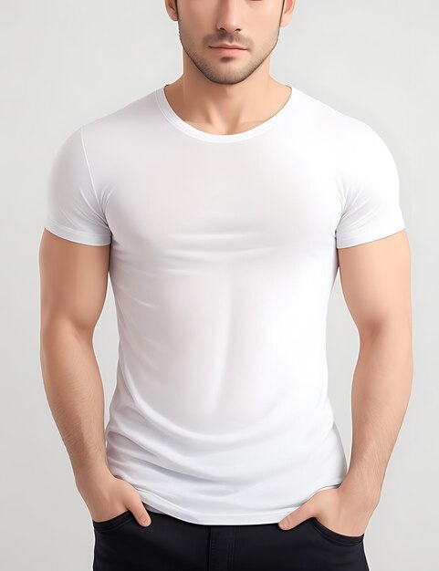 Gros plan d'un homme dans une maquette de t-shirt blanc vierge