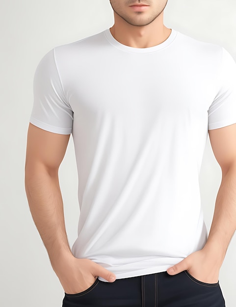 Gros plan d'un homme dans une maquette de t-shirt blanc vierge