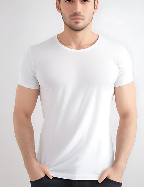 Gros plan d'un homme dans une maquette de t-shirt blanc vierge