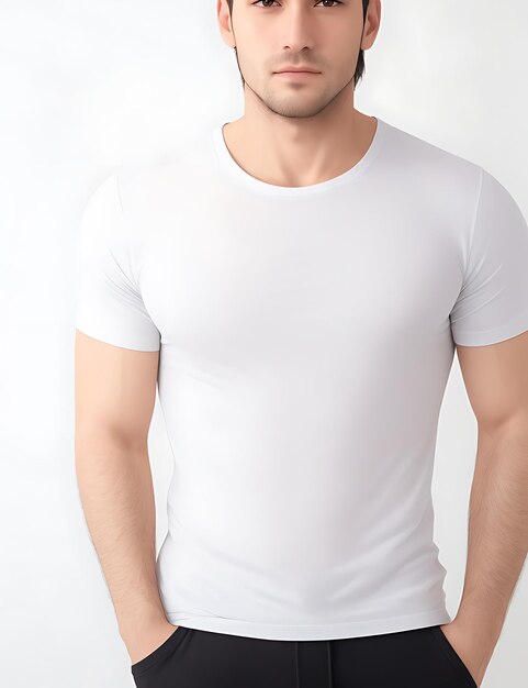 Gros plan d'un homme dans une maquette de t-shirt blanc vierge