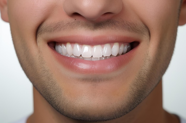 gros plan d'un homme dents parfaitement blanches et sourire charmant promouvant les progrès dans le domaine de la dentisterie ou de l'orthodontie