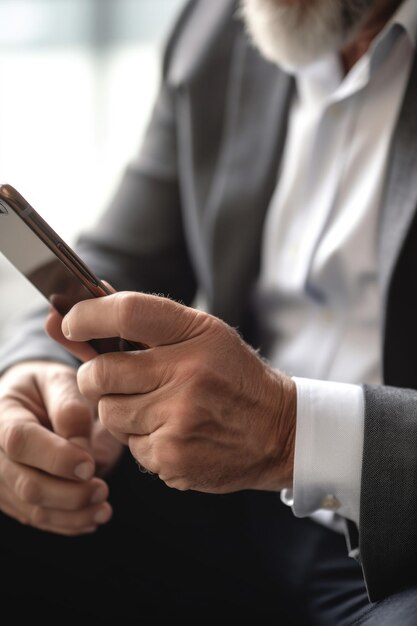 Gros plan d'un homme méconnaissable utilisant un téléphone portable dans un bureau créé avec une IA générative