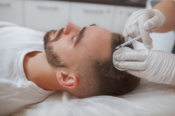 Gros plan d'un homme obtenant le traitement des injections de perte de cheveux par esthéticienne