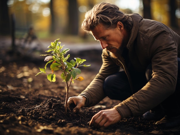 Gros plan sur un homme plantant un arbre ou jardinant AI générative