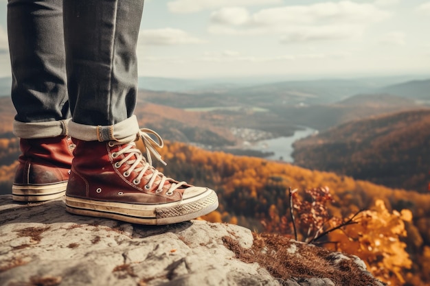 Gros plan d'un homme portant des baskets debout sur la falaise avec un magnifique panorama d'automne Generative AI