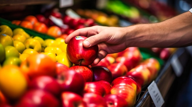 Un gros plan d'un homme en sélectionnant soigneusement une pomme mûre à partir d'un affichage de fruits colorés