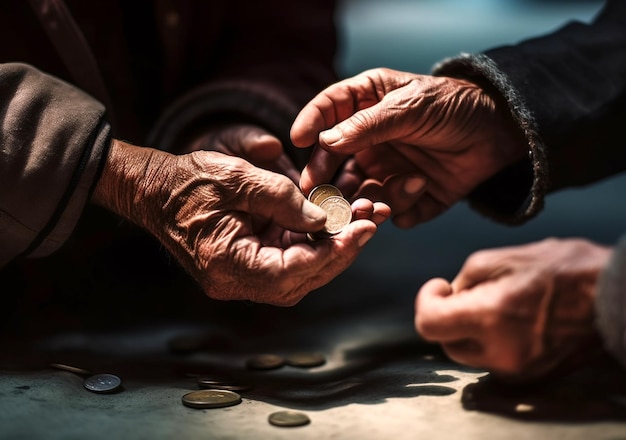 Gros plan d'hommes donnant de l'argent aux pauvres ou aux sans-abri mendiant de la pauvreté dans la ville assis sur le