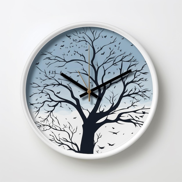 un gros plan d'une horloge avec un arbre dessus