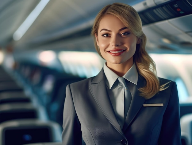 Un gros plan d'une hôtesse de l'air debout dans l'allée d'une cabine d'avion accueillant chaleureusement les passagers avec un sourire AI générative