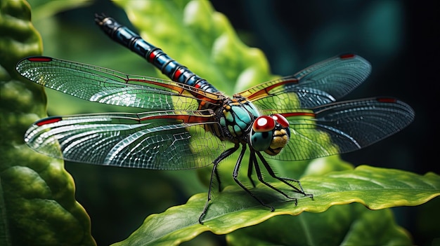 Photo gros plan hyperréaliste d'une libellule perchée sur une feuille