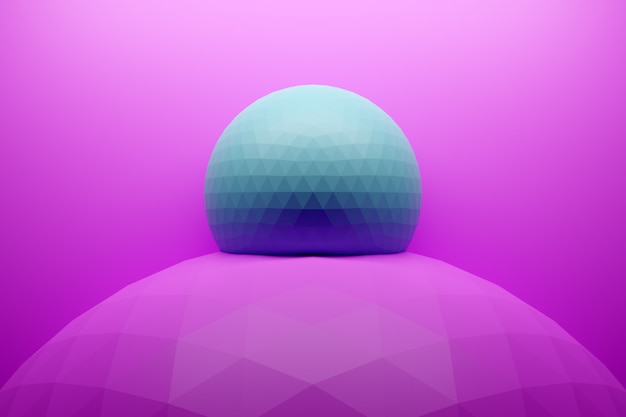 Gros plan illustration monochrome 3d: une boule bleue avec un grand nombre de visages se trouve dans un trou rose. Formes géométriques simples d'affilée.