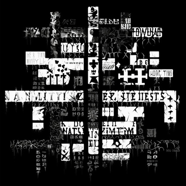 Un gros plan d'une image en noir et blanc d'une croix avec de nombreux types de graffitis ai générative