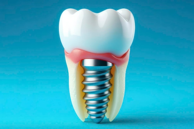 Gros plan d'un implant dentaire isolé sur fond bleu vif ai génératif