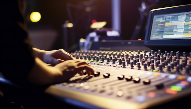 Gros plan d'un ingénieur du son avec une table d'harmonie de studio