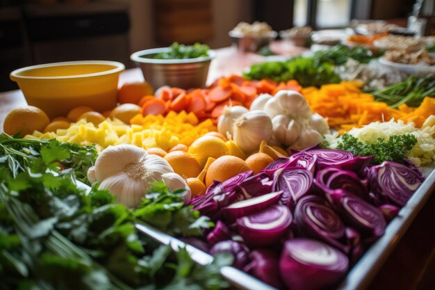 Photo un gros plan d'ingrédients frais et colorés prêts à être cuisinés créés avec une ia générative