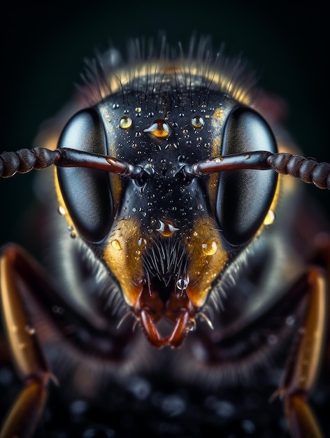 Un gros plan d'un insecte noir et marron avec les yeux partiellement couverts par des gouttes de pluie.