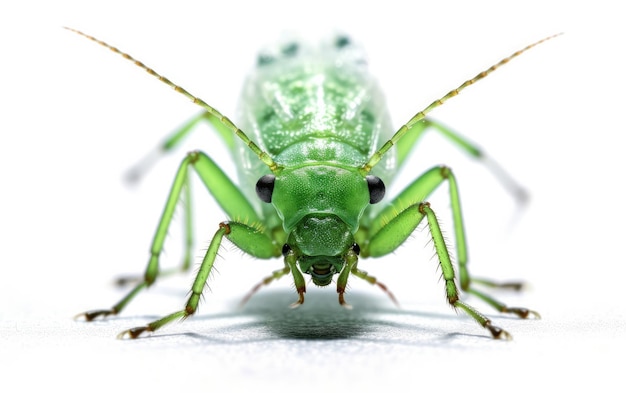 Un gros plan d'un insecte vert sur un fond blanc