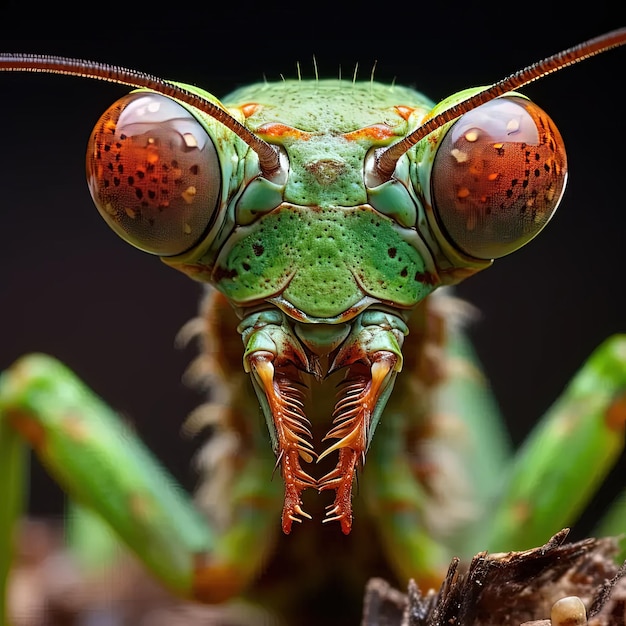 un gros plan d'un insecte vert avec des yeux orange