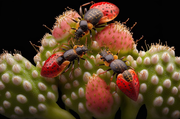 Un gros plan d'insectes vivants sur les fleurs de fraises fraîches