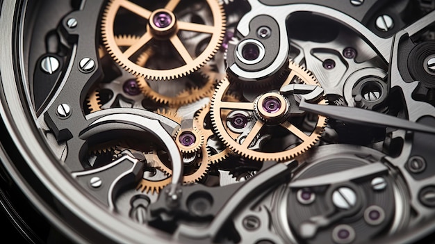 Un gros plan de l'intérieur d'une montre montre sa mécanique méticuleuse et complexe