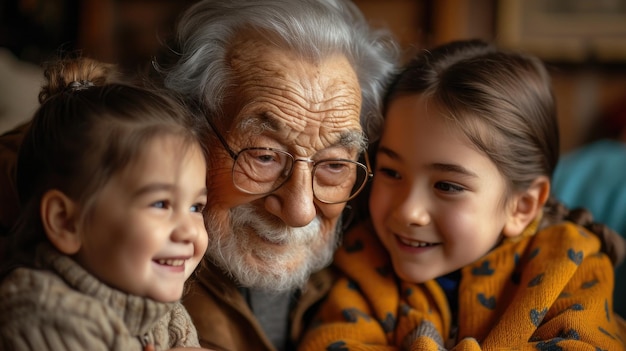 Un gros plan intime d'un grand-parent partageant une histoire avec des petits-enfants capturant des expressions d'émerveillement et de sagesse