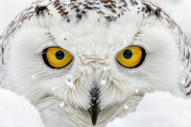 Un gros plan intime d'un visage de hibou couvert de neige. Des yeux qui perçoivent l'âme.