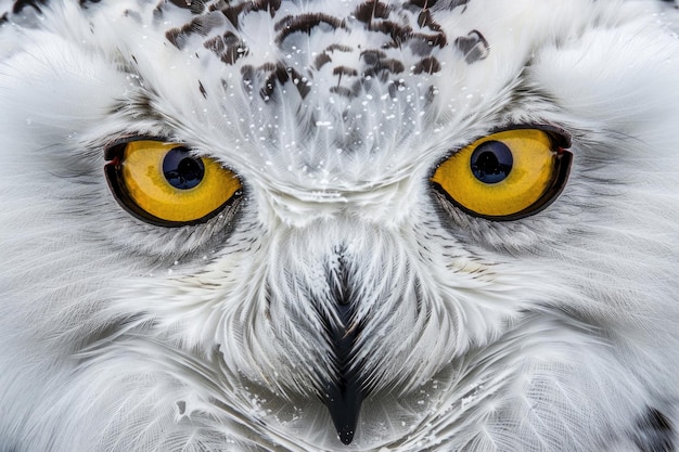 Un gros plan intime d'un visage de hibou couvert de neige. Des yeux qui perçoivent l'âme.