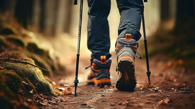 Gros plan sur les jambes d'une personne en chaussures de randonnée marchant dans la forêt à l'aide d'un bâton de randonnée