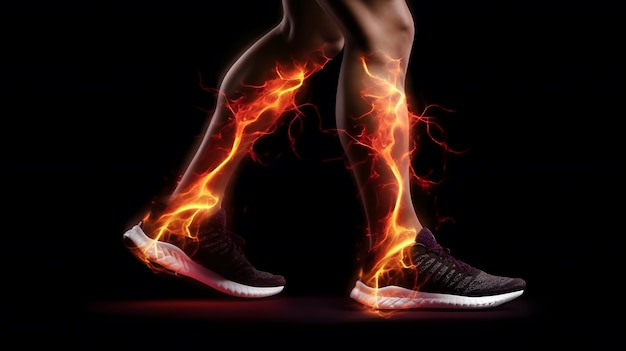 gros plan des jambes d'une personne avec une paire de chaussures de course en feu IA générative