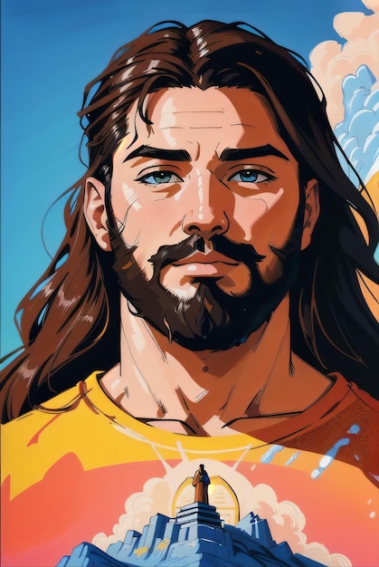 Un gros plan de Jésus-Christ dessiné dans le style comique avec de nombreuses couleurs