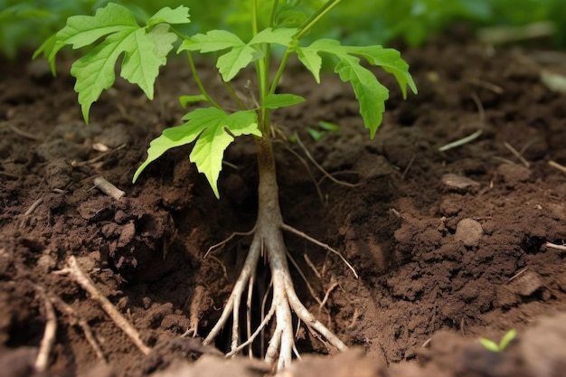 Photo gros plan d'un jeune arbre avec des racines visibles poussant dans un sol riche créé avec une ia générative