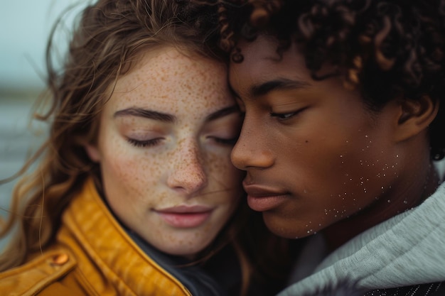 Un gros plan d'un jeune couple diversifié s'embrassant