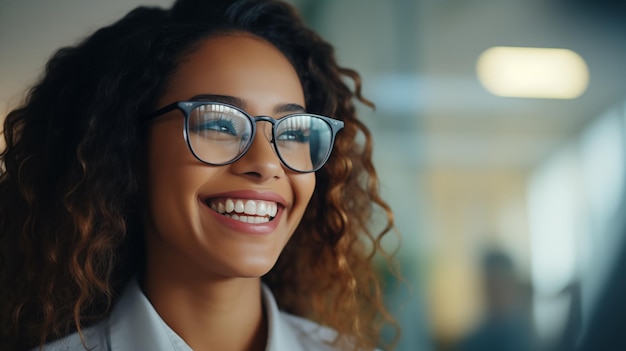 En gros plan, une jeune femme d'affaires réussie, souriante et joyeuse portant des lunettes de lecture au bureau.