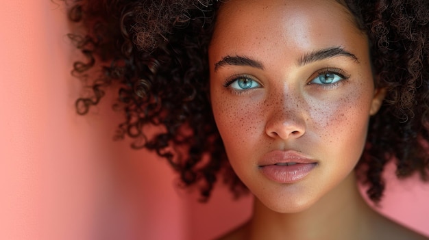 Un gros plan d'une jeune femme aux taches de rousseur captivantes qui regarde fixement la caméra