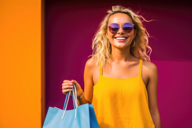 Gros plan d'une jeune femme fashionista heureuse tenant un sac pendant ses achats Generative AI