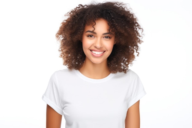 Gros plan d'une jeune femme souriante et portant un t-shirt blanc sur fond blanc