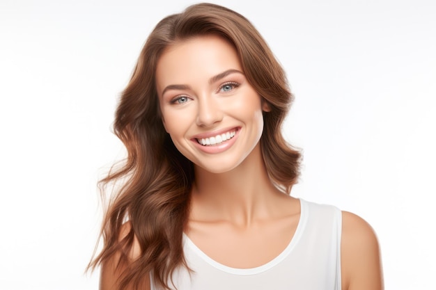 Gros plan d'une jeune femme souriante et portant un t-shirt blanc sur fond blanc