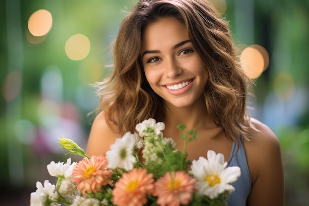 Un gros plan d'une jeune femme souriante et tenant un bouquet de fleurs éclatantes dans un jardin botanique Generative AI