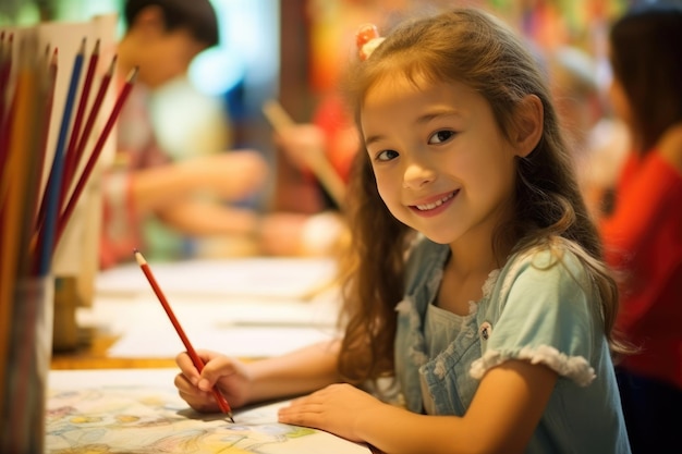 Un gros plan d'une jeune fille joyeusement engagée dans un cours d'art à l'aide de crayons de couleur vibrants pour créer un dessin Generative AI