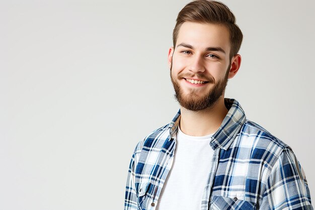 gros plan d'un jeune homme heureux posant sur un fond blanc isolé