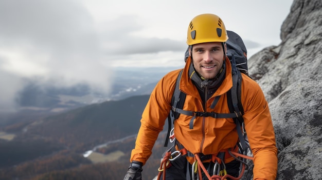 Photo gros plan de jeunes grimpeurs masculins sur une ascension de montagne