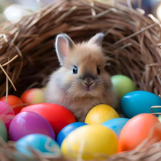 Gros plan d'un joli bébé lapin de Pâques assis dans un nid d'œufs colorés sur fond pastel