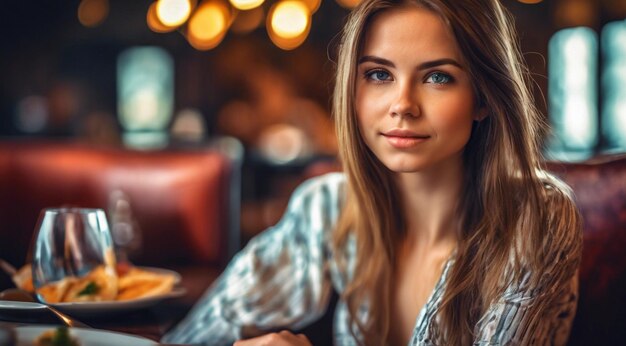 Photo gros plan d'une jolie jeune femme assise dans le restaurant femme sur le fond du café femme dans le café