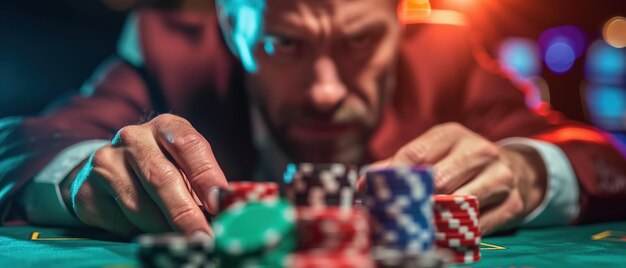 En gros plan, un joueur complètement absorbé par le jeu de jetons de poker et l'atmosphère énergique du casino.