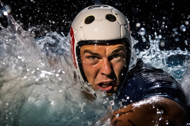 un gros plan d'un joueur de water-polo en action