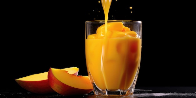 Gros plan de jus de mangue frais sur fond sombre Photo de haute qualité IA générative