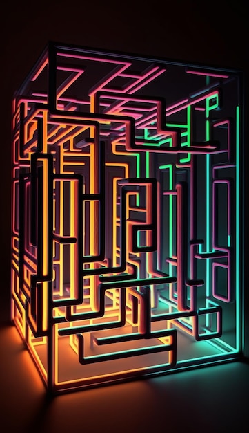 Un gros plan d'un labyrinthe lumineux avec un fond noir