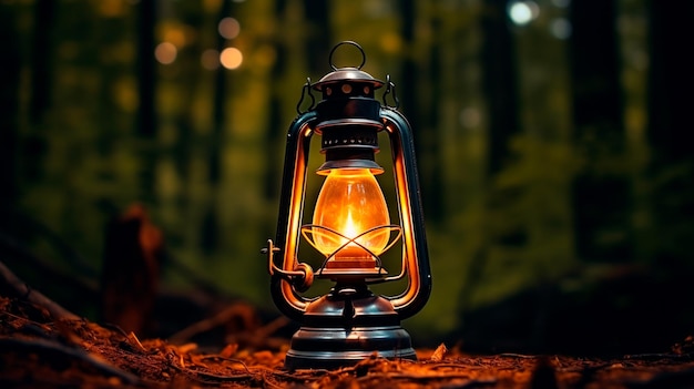 gros plan d'une lampe à huile dans la forêt avec des lumières floues